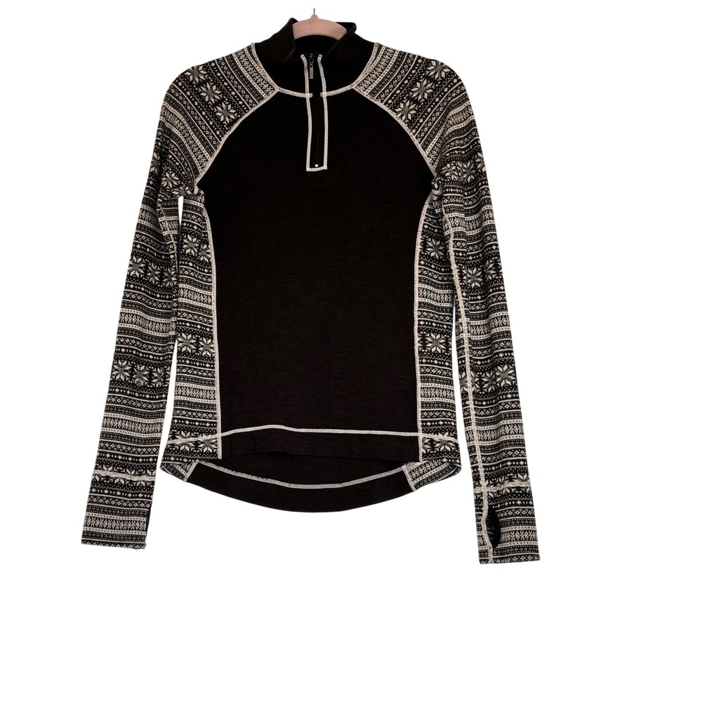 Dakini Womens Merino Wool‎ Quarter Zip Base Layer Top Brown Fair Isle Size L